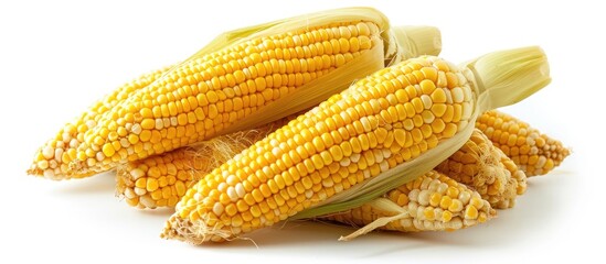 Ripe corn cob with dry husk leaves and kernels pile isolated on white background. with copy space image. Place for adding text or design - obrazy, fototapety, plakaty
