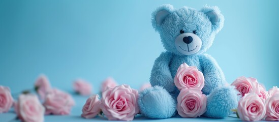 blue teddy bear with pink roses. with copy space image. Place for adding text or design