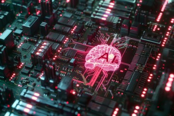 AI Brain Chip ram slots. Artificial Intelligence semiconductor economics human fans mind circuit board. Neuronal network lobules smart computer processor server patch management - obrazy, fototapety, plakaty