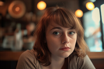 A young woman with bangs and blue eyes looks directly at the camera, with warm lights in the background.