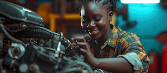 Young african female car repair worker check the oil level in car engine side view Smiling black mechanic checking and maintenance car engine or vehicle with herrself Copy space