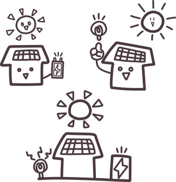 家庭での太陽光発電をイメージした家のキャラクターや太陽のイラストセット