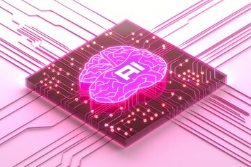 AI Brain Chip software development. Artificial Intelligence nanoimprinting human ai safety mind circuit board. Neuronal network rgb laser smart computer processor brain function - obrazy, fototapety, plakaty