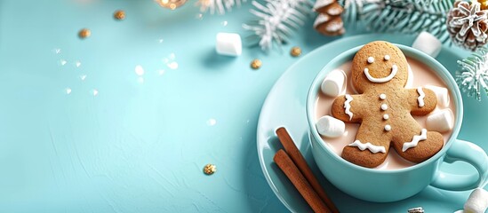 Christmas Homemade gingerbread man cookie and white cup with hot chocolate with marshmallows traditionally made at wintertime and the holidays. with copy space image. Place for adding text or design