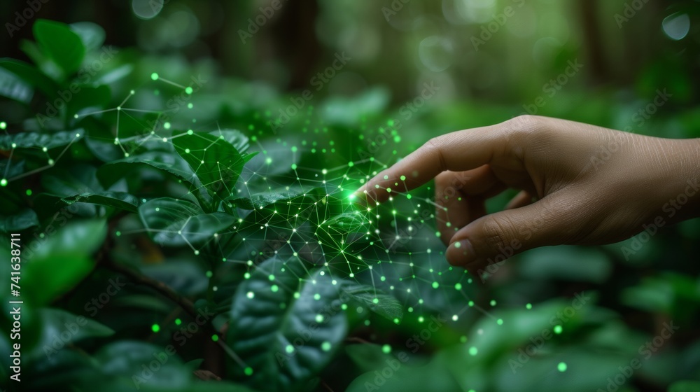 Fototapete touching environment icons on a network connection with a nature background, technology ecology conc
