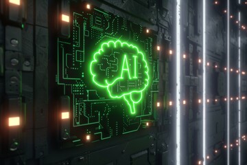 AI Brain Chip acetylcholine. Artificial Intelligence excitatory synapses human sight mind circuit board. Neuronal network far sighted smart computer processor server maintenance