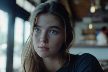 A thoughtful young woman with striking blue eyes looks away from the camera, a cafe setting behind her.