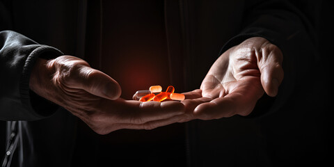 A doctor holding a handful of pills in his hand.AI Generative