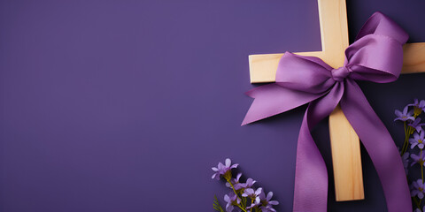 Purple silk ribbon and bow on luxury marble background holiday flatlay backdrop.AI Generative