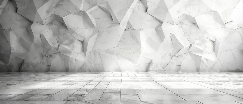 Fototapeta Background of white abstract geometric shapes with crossed lines, corners and polygons, accompanied by a white wooden table in a contemporary minimalist urban style in a soft light gradient.