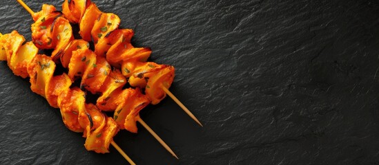 Group of Hweori Gamja Tornado Potato Spiral Potato Skewers Helical Shape. with copy space image. Place for adding text or design