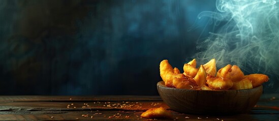 people eat fried banana molen. with copy space image. Place for adding text or design