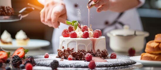 Delicious and attractive the talented pastry chef decorates a cake for a celebration High quality photo. with copy space image. Place for adding text or design