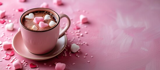Hot chocolate with heart shaped marshmallows A delicious idea for a Valentine s Day sweet drink dessert. with copy space image. Place for adding text or design