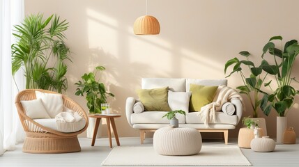Bright living room with sofa, armchair, pouf and green plants