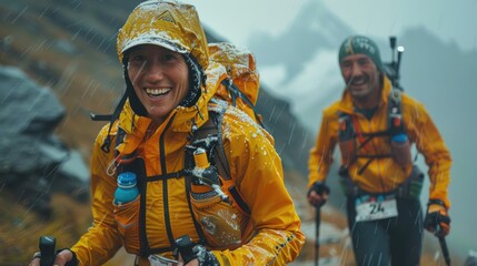 Asia couple with beautiful smile. Trail running, in outdoor nature. Happy Trail Runners in Snowy Weather
 - obrazy, fototapety, plakaty