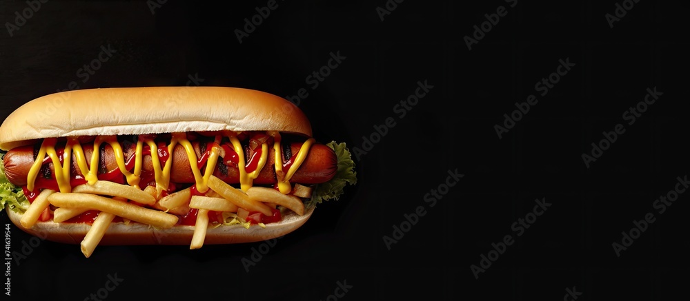 Poster hot dog and big burger with fries. with copy space image. Place for adding text or design