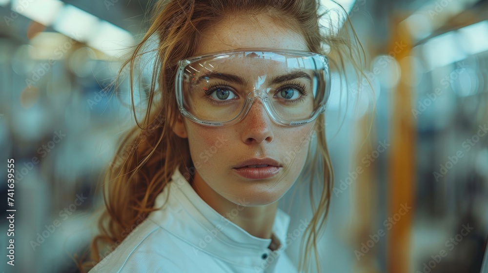 Aufkleber Using a laptop computer, a young robotics engineer analyzes robotic machine concepts in a high technology factory. Female scientist manipulates and programs the robot.