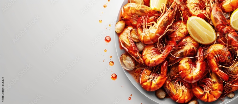 Aufkleber Cajun style seafood boil on a serving dish. with copy space image. Place for adding text or design