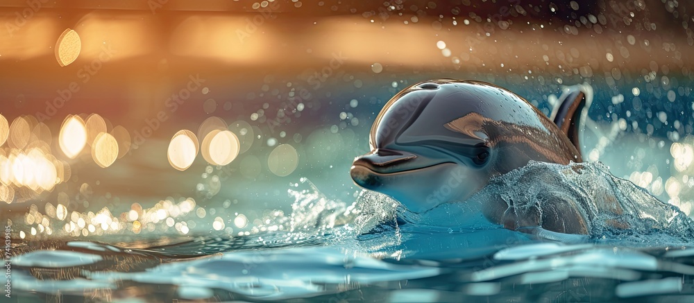 Poster Playful dolphin posing in front of camera. with copy space image. Place for adding text or design