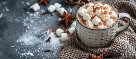 Hot chocolate garnished with home made marshmallows. with copy space image. Place for adding text or design