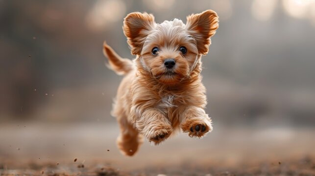 An orange fluffy dog jumping in the air on an isolated background, animals, pets, hungry, playing, a puppy wanting food, and a puppy.