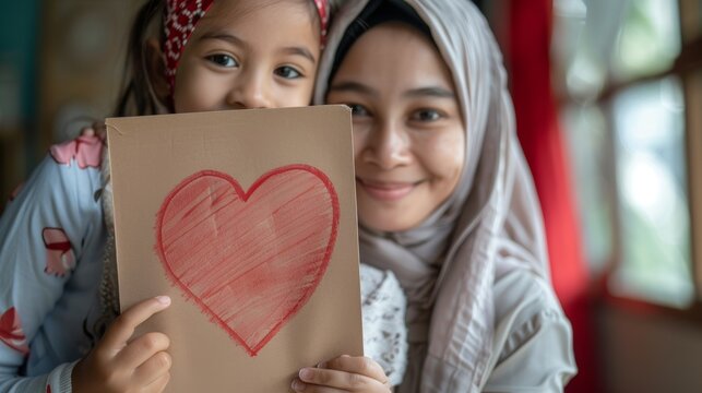 Young girl holding greeting card with drawn red heart and hugging her muslim mother at home, closeup shot with free space.