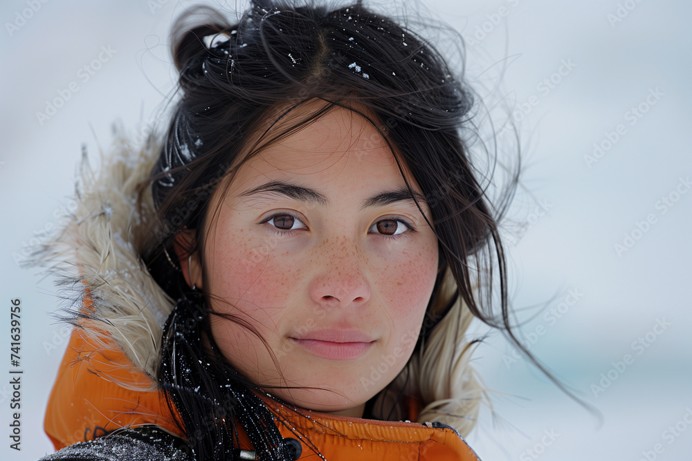 Wall mural Close-up of a young Eskimo woman in the Arctic. Photographed outdoors, on the ice