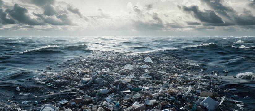 Aerial view of Plastic Island or Great Pacific Garbage Patch or Pacific Trash Vortex consisting mainly of plastic light metals and organic residues of garbage in ocean Environmental disaster