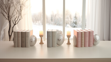 Inside there are windows and curtains. with pastel colored books lined up side by side Winter...
