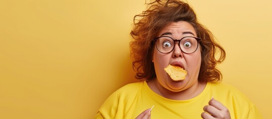 Young plus size woman holding potato chip stressed and frustrated with hand on head surprised and angry face. with copy space image. Place for adding text or design - obrazy, fototapety, plakaty