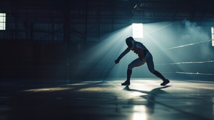 A focused fencer lunges forward, blade extended, under the atmospheric beams of light filtering through the gymnasium windows.