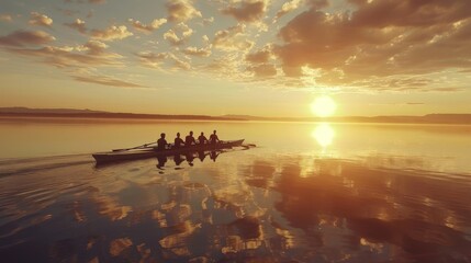 A rowing team in perfect harmony glides across the water as the sun rises, casting a warm glow on...