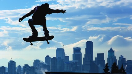 Fototapeta na wymiar A skateboarder is captured in mid-air against the silhouette of a city's skyline, embodying the fusion of urban life and extreme sports.