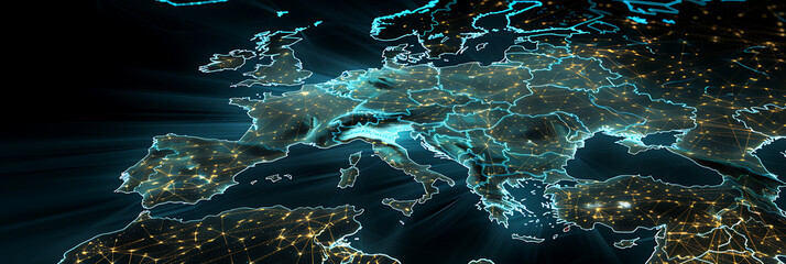A digital map of Western Europe adorned with luminous pathways, representing the region's central role in the global exchange of goods and ideas