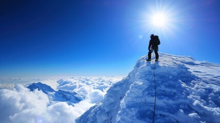 A mountaineer stands triumphantly at the summit, bathed in the brilliant light of the sun, with a panoramic view of the mountain range below.