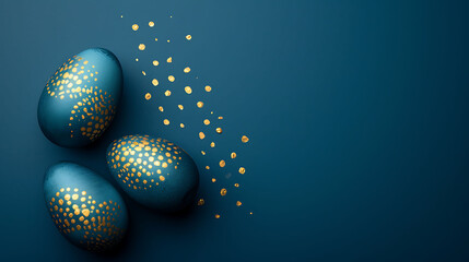 Easter trendy colored classic blue and golden decorated eggs on blue background Minimal Happy Easter style