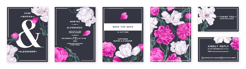Spring banner with blooming white and pink tulip and peony flowers on a dark background. Highly realistic plants, botanical wedding invitation vector. Collection of wedding invitations and RSVPs