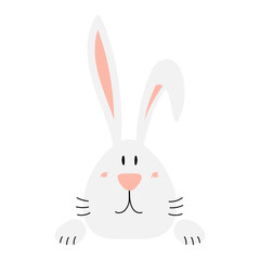 Cute Easter bunny, rabbit, hare face cartoon character illustration. Hand drawn style flat design, isolated vector. Holiday clip art, seasonal card, banner poster, element