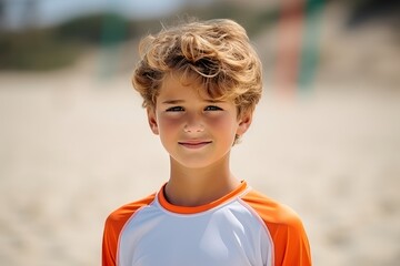 Portrait of a cute young boy on the beach in summertime