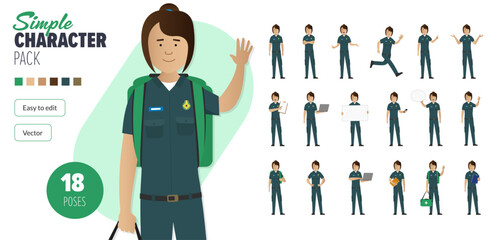Simple flat female paramedic first responder vector character in a set of multiple poses. Easy to edit and isolated on a white background. Modern trendy style character mega pack with lots of poses.