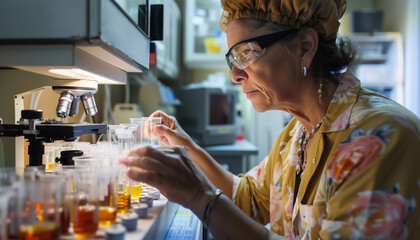 Experienced female scientist conducting research using a microscope in a laboratory setting..