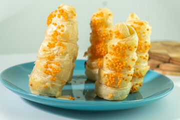 Puff Pastry Cream Horns. Pastry. food concept. diet