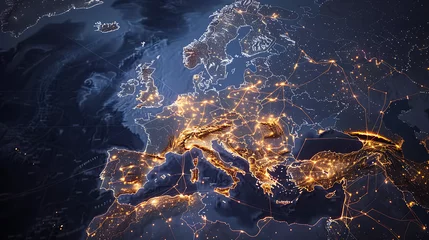 Foto op Aluminium A digital map of Western Europe adorned with luminous pathways, representing the region's central role in the global exchange of goods and ideas © Simo