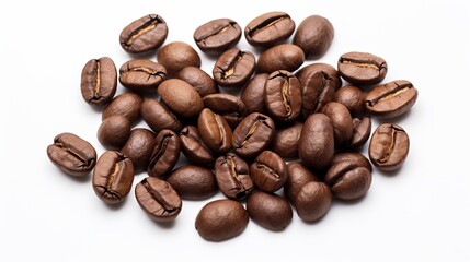 Closeup shot of coffee beans on white background. Seed nature from above view. Group agriculture grain arabica. Photos from the top view