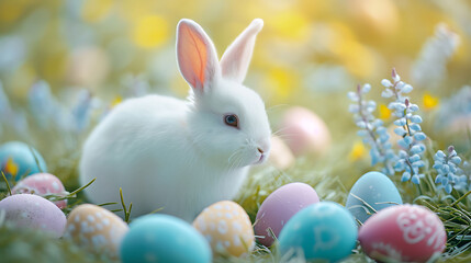 Easter Eggs in a flower field with white bunny