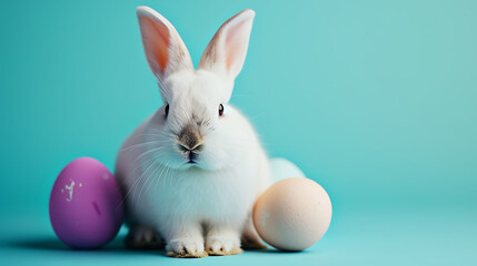 Easter Eggs with white bunny on pastel background