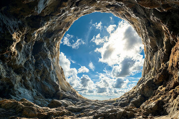 Cave exit looking onto blue sky and white clouds, round, circle - obrazy, fototapety, plakaty