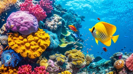 Vibrant damselfish swimming amidst colorful corals in a saltwater aquarium environment