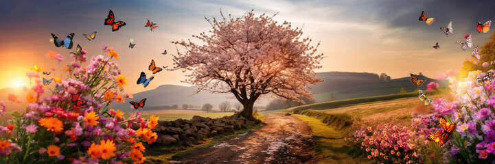 Dreamy cherry tree panorama in rural landscape with spring flowers
